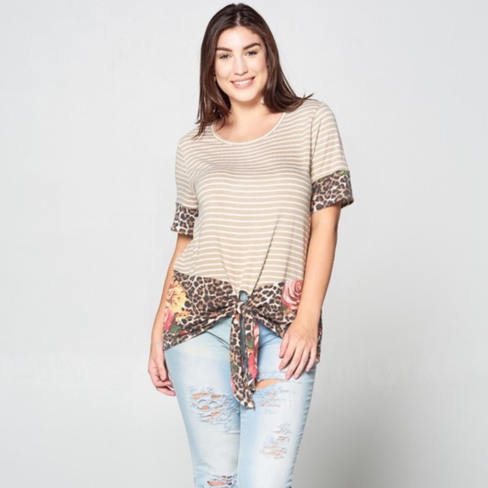 PLUS SIZE Striped Knit Round Neckline Terry Top